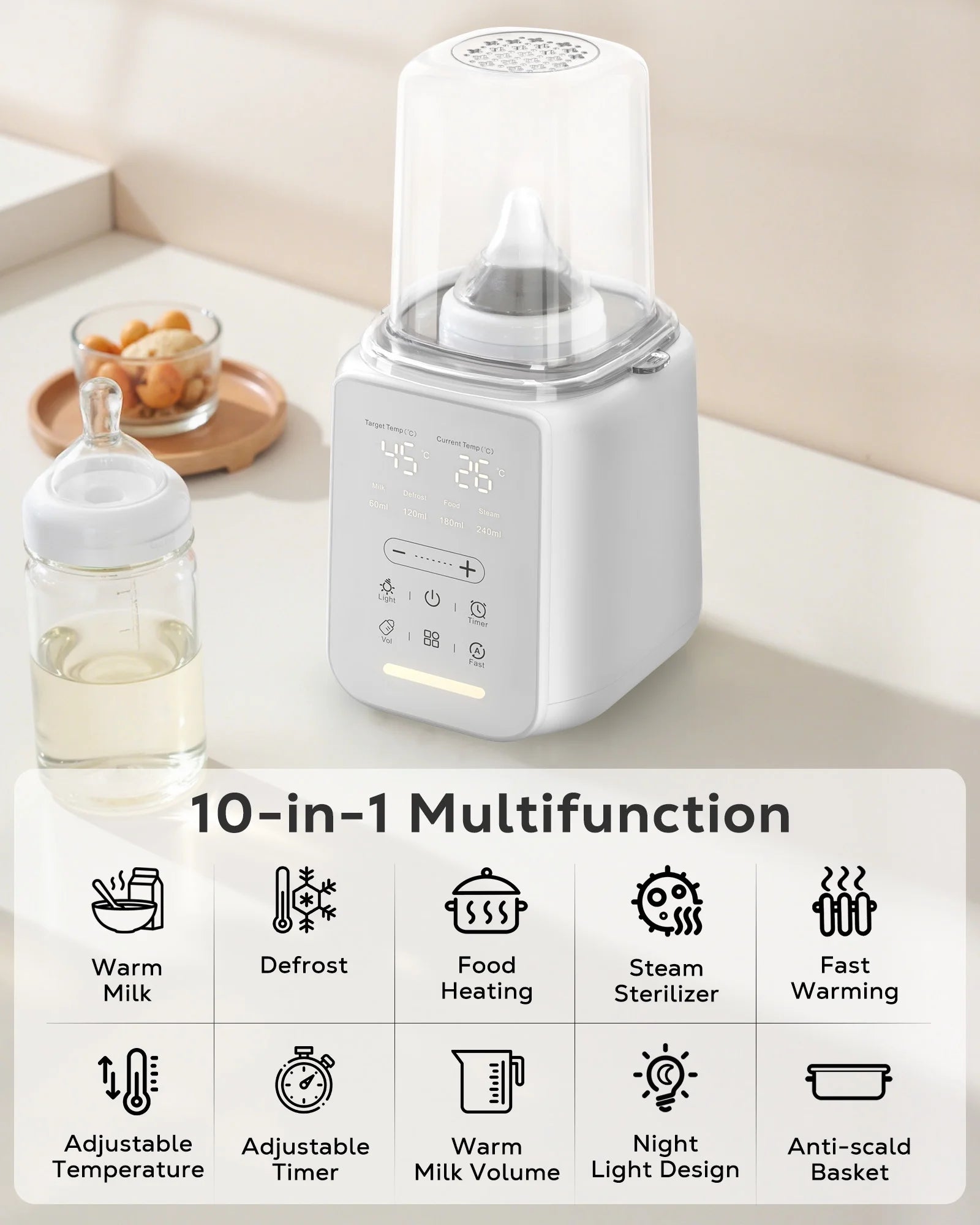 Bottle Warmer, 8 in 1 Fast Baby Milk Portable Warmer with Timer and Temperature Control for Breastmilk or Formula, with Defrost, Sterilizer, Keep, Heat Food, White