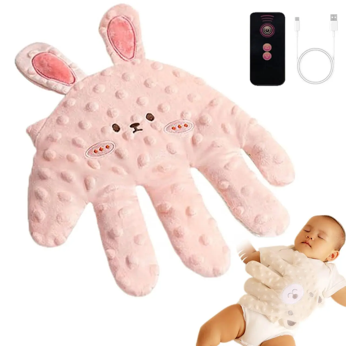 Baby Soothing Palm, Baby Patter for Sleep, Baby Startle Prevention Hand Glove Electric Baby Hand Pillow Red Bean Filling Cute Baby Soothing Palm for Newborns Baby Girls Boys (Pink Rabbit)