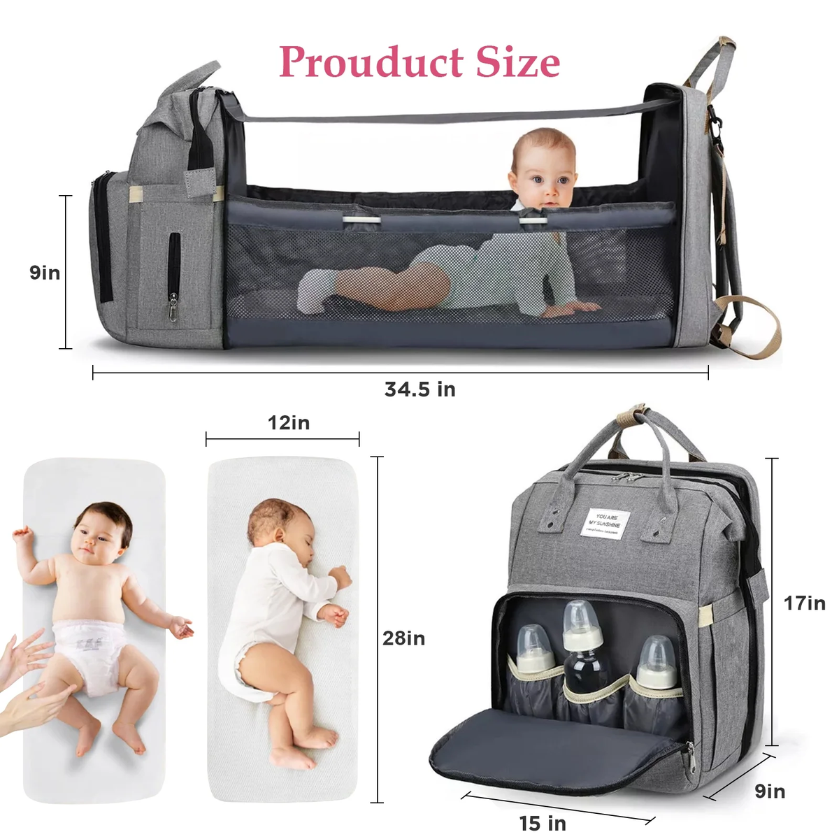 Diaper Bag Backpack, Large Waterproof Baby Bag for Mom with Changing Pad, USB Charging Port, Baby Shower Gifts, Gray