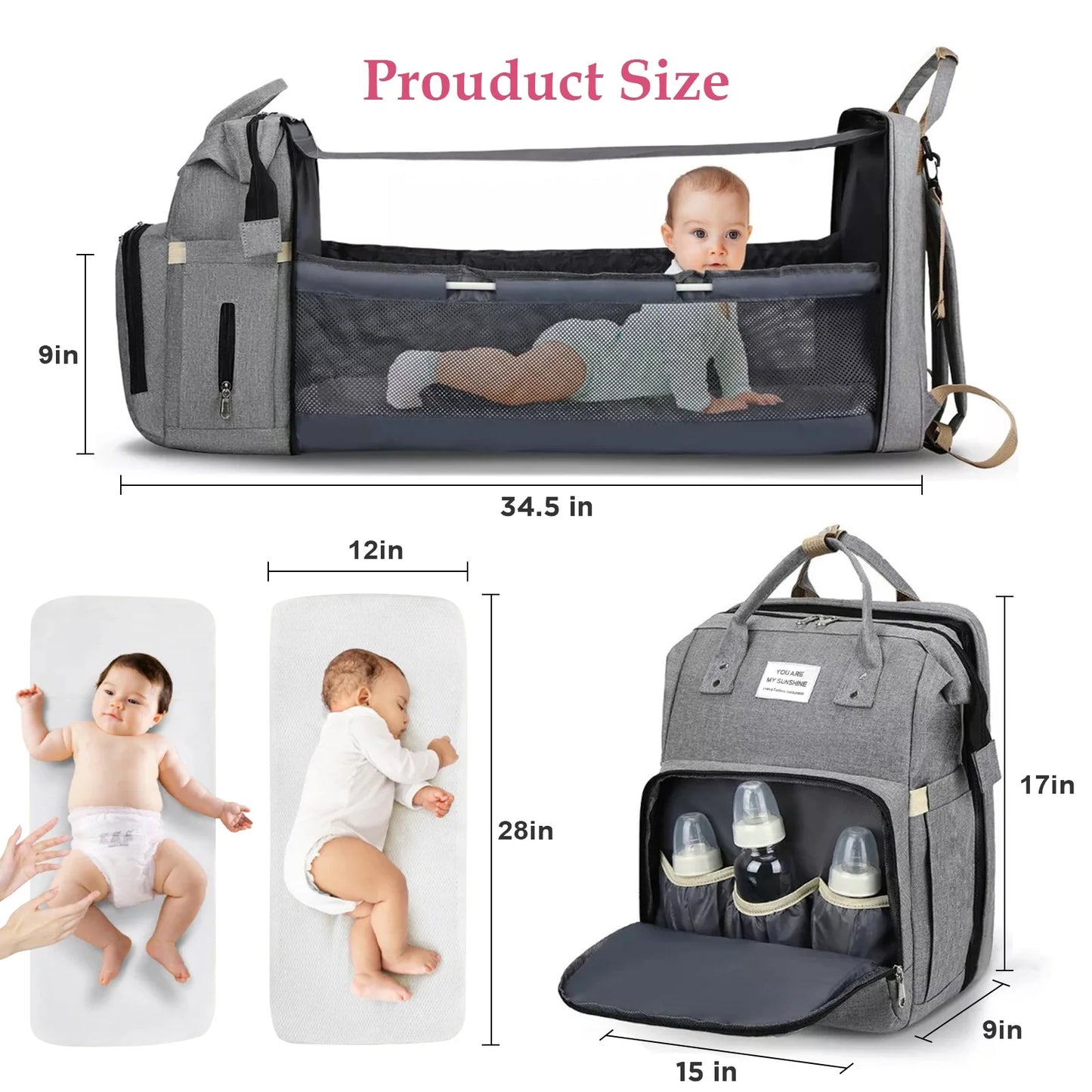 Diaper Bag Backpack, Large Waterproof Baby Bag for Mom with Changing Pad, USB Charging Port, Baby Shower Gifts, Gray