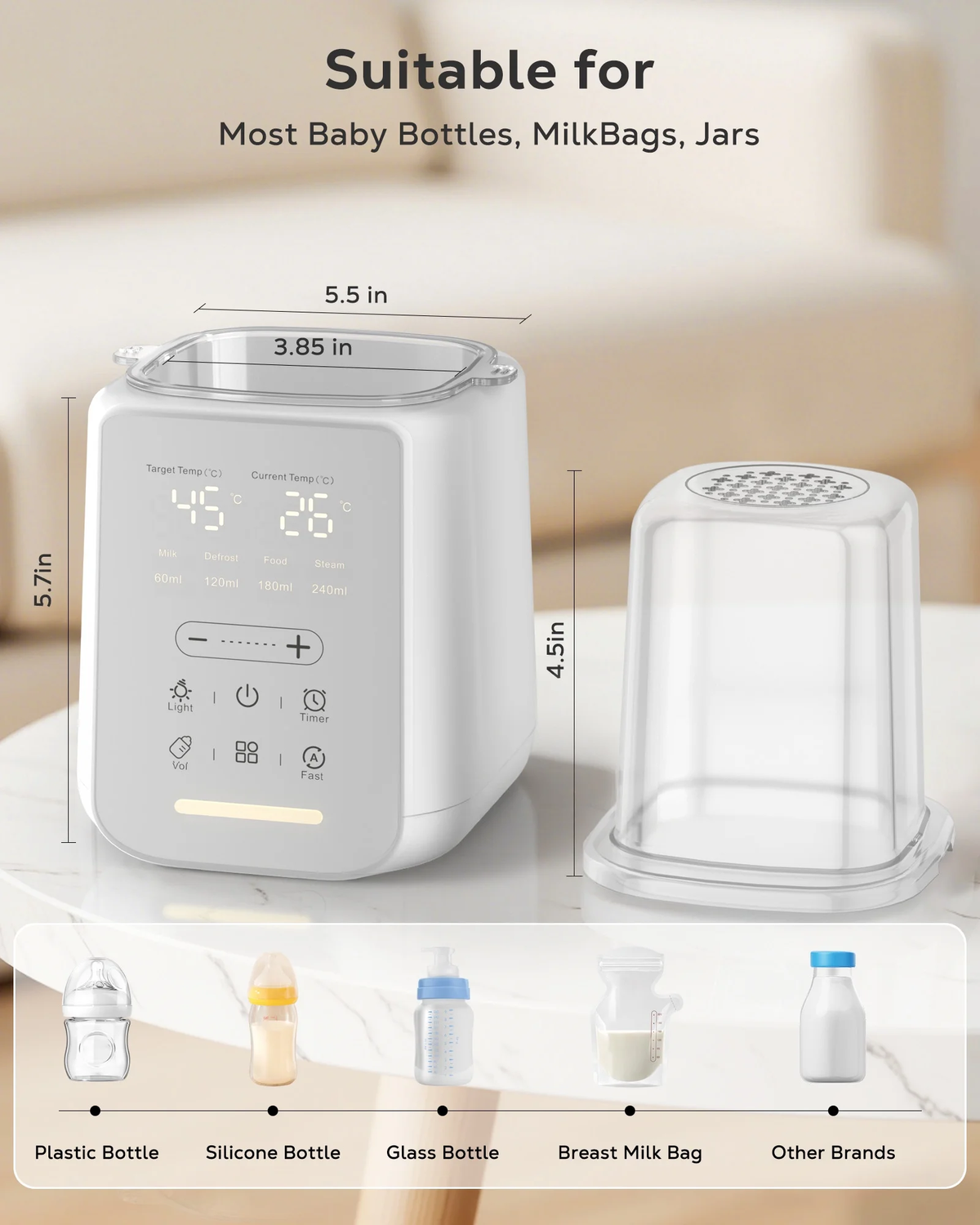 Bottle Warmer, 8 in 1 Fast Baby Milk Portable Warmer with Timer and Temperature Control for Breastmilk or Formula, with Defrost, Sterilizer, Keep, Heat Food, White