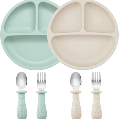 Silicone Baby Feeding Set, BPA Free Baby Feeding Essentials, Baby Suction Bowl, Plates, Bib, Spoons Set, Baby Led Weaning Supplies to Develop Self-Feeding Skills(Green, No Lid)