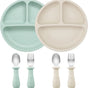 Silicone Baby Feeding Set, BPA Free Baby Feeding Essentials, Baby Suction Bowl, Plates, Bib, Spoons Set, Baby Led Weaning Supplies to Develop Self-Feeding Skills(Green, No Lid)