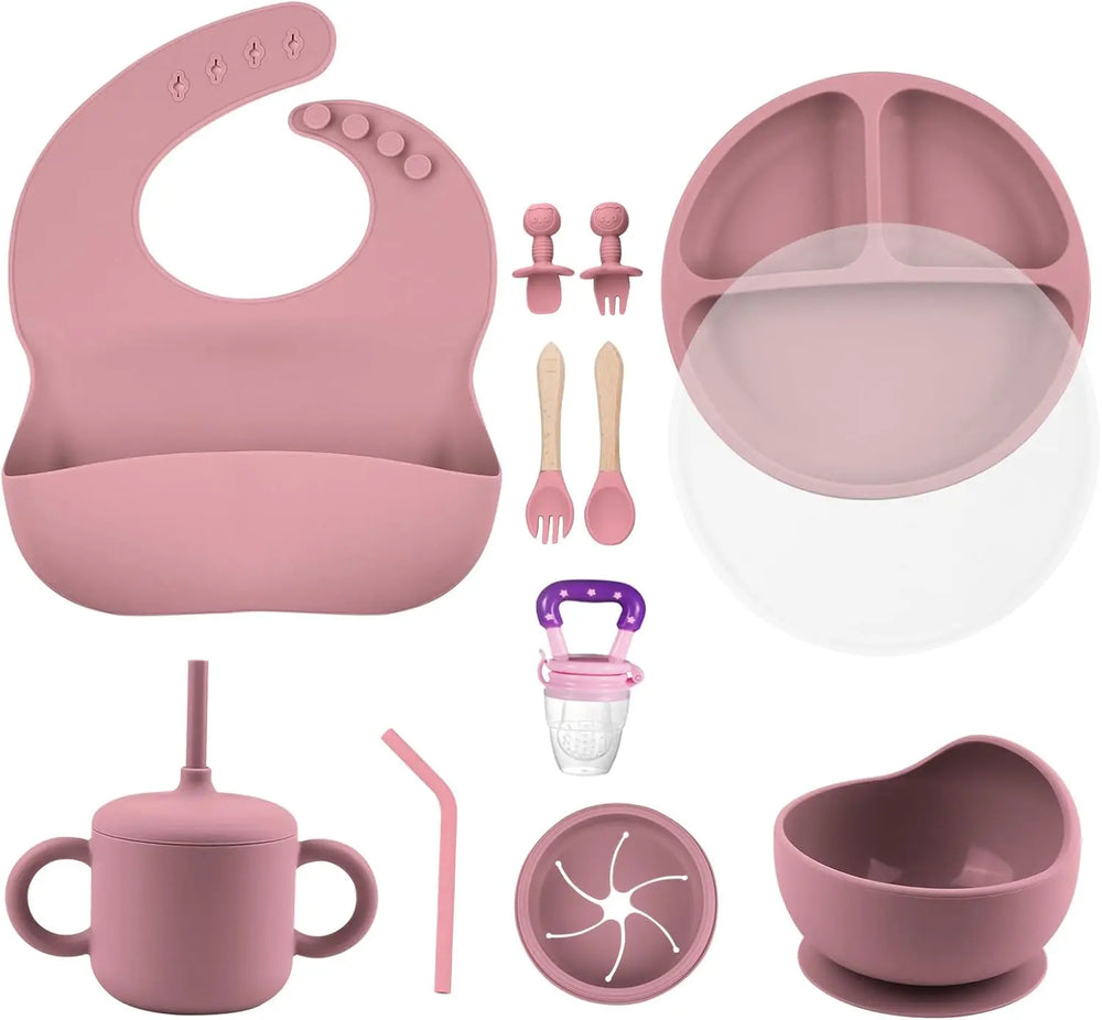 Silicone Baby Feeding Set, BPA Free Baby Feeding Essentials, Baby Suction Bowl, Plates, Bib, Spoons Set, Baby Led Weaning Supplies to Develop Self-Feeding Skills(Green, No Lid)