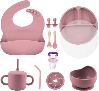 Silicone Baby Feeding Set, BPA Free Baby Feeding Essentials, Baby Suction Bowl, Plates, Bib, Spoons Set, Baby Led Weaning Supplies to Develop Self-Feeding Skills(Green, No Lid)