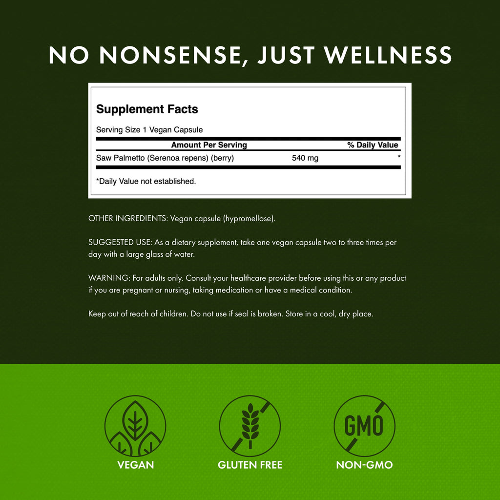 Saw Palmetto - Herbal Supplement Promoting Male Prostate Health Support - Natural Hair Supplement & Urinary Health Support - 540 Mg 100 Capsules