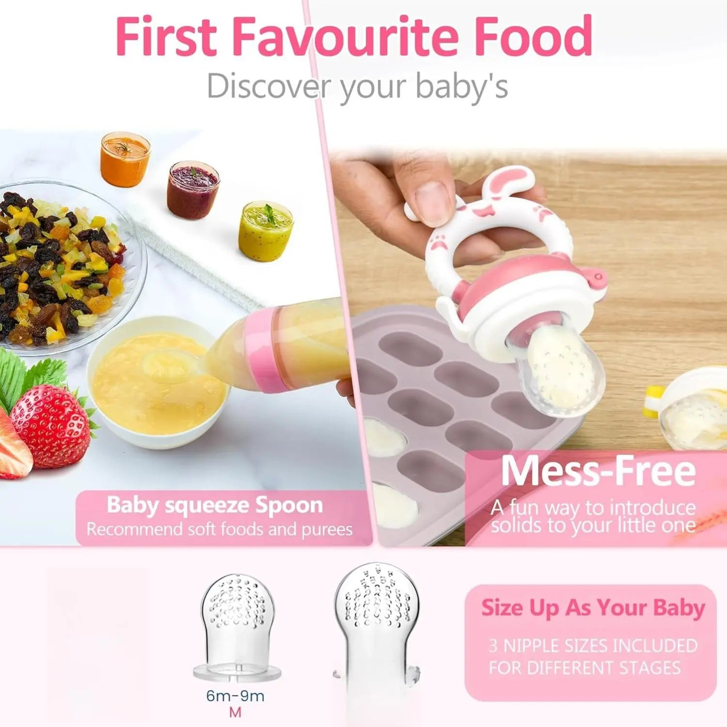 WAJIAYON Baby Fruit Feeder Pacifier - 6 Pack | 2 Baby Fruit Food Feeder Pacifier & 2 Baby Food Dispensing Spoon | Fresh Fruit Teethers for Babies | Silicone Feeder Baby,Mesh Baby Feeder (Pink-Rabbit)
