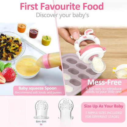 WAJIAYON Baby Fruit Feeder Pacifier - 6 Pack | 2 Baby Fruit Food Feeder Pacifier & 2 Baby Food Dispensing Spoon | Fresh Fruit Teethers for Babies | Silicone Feeder Baby,Mesh Baby Feeder (Pink-Rabbit)