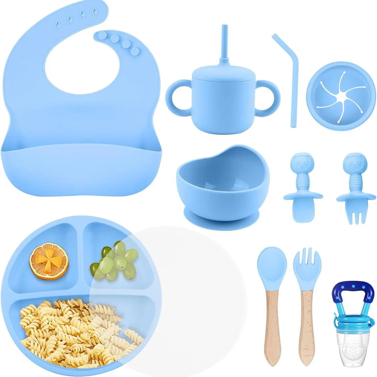 Silicone Baby Feeding Set, BPA Free Baby Feeding Essentials, Baby Suction Bowl, Plates, Bib, Spoons Set, Baby Led Weaning Supplies to Develop Self-Feeding Skills(Green, No Lid)