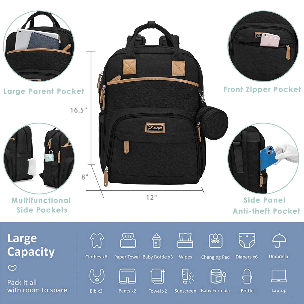 Large Baby Diaper Backpack, Multifunction Waterproof Mom Bag with Changing Pad, Black