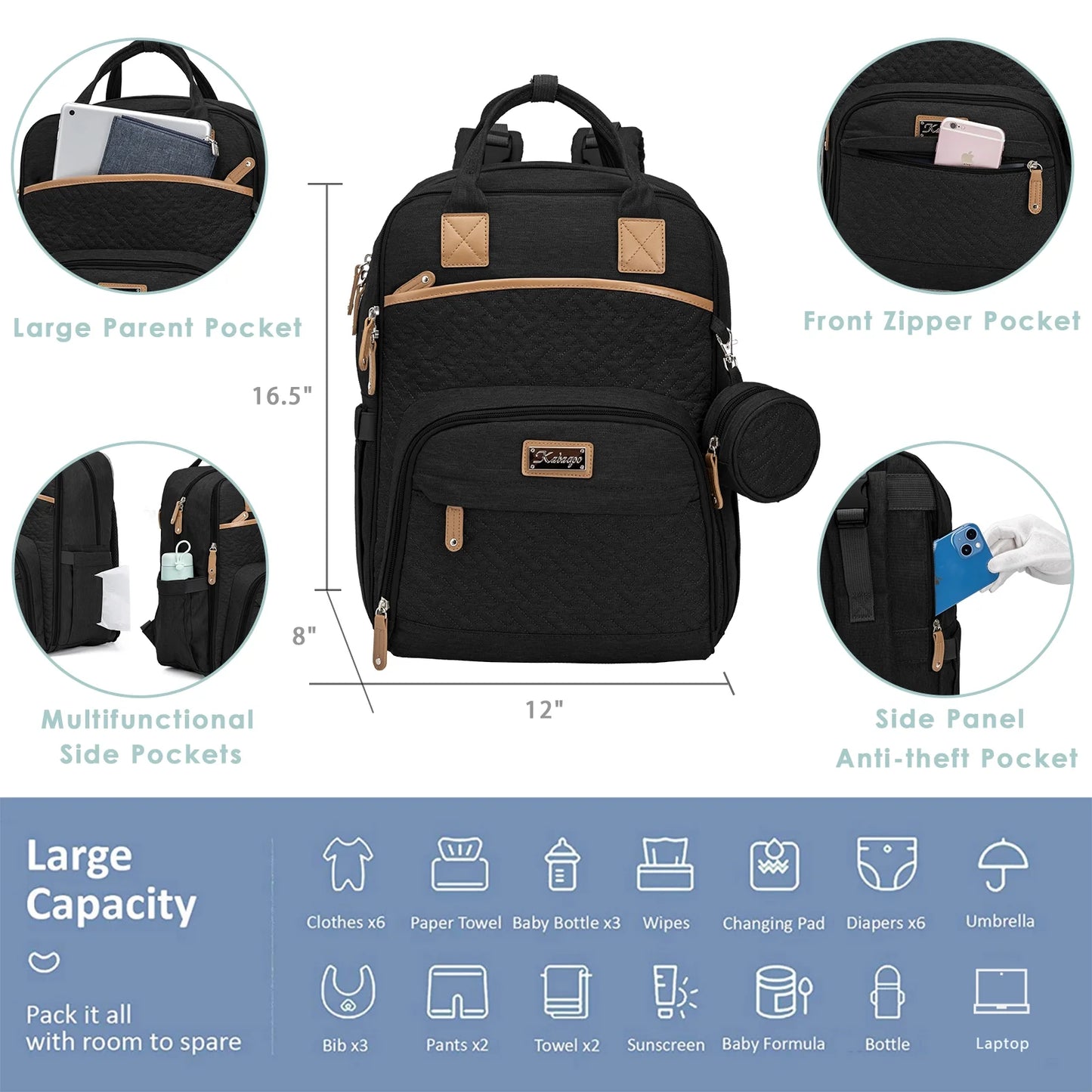 Large Baby Diaper Backpack, Multifunction Waterproof Mom Bag with Changing Pad, Black