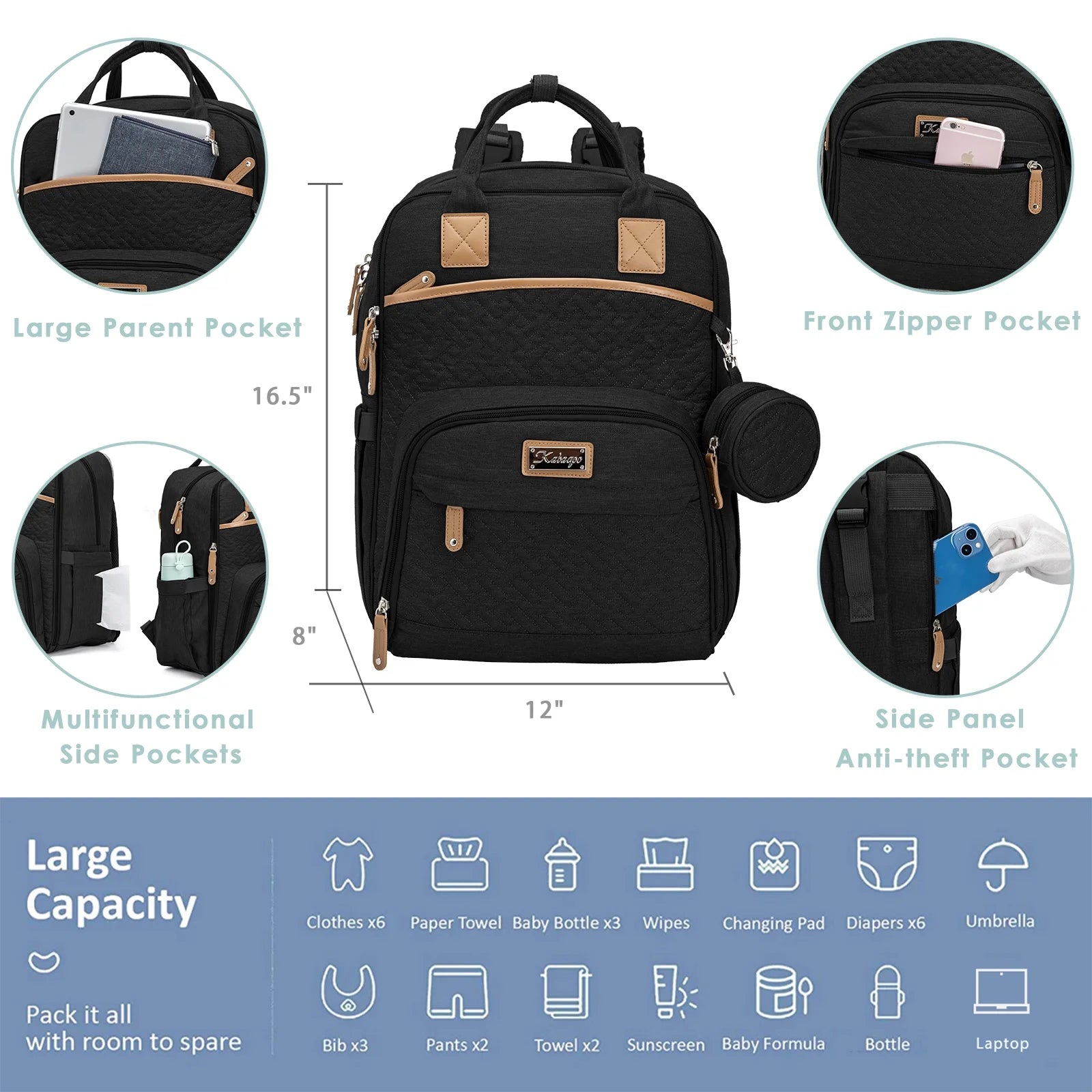 Large Baby Diaper Backpack, Multifunction Waterproof Mom Bag with Changing Pad, Black