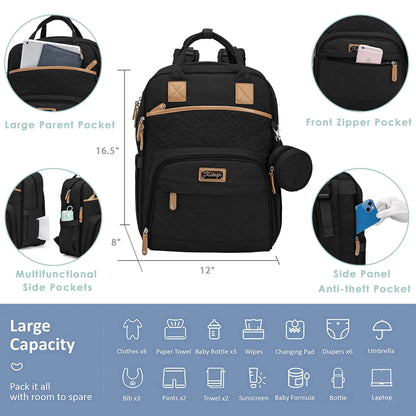 Large Baby Diaper Backpack, Multifunction Waterproof Mom Bag with Changing Pad, Black