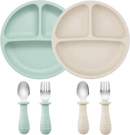 Silicone Baby Feeding Set, BPA Free Baby Feeding Essentials, Baby Suction Bowl, Plates, Bib, Spoons Set, Baby Led Weaning Supplies to Develop Self-Feeding Skills(Green, No Lid)
