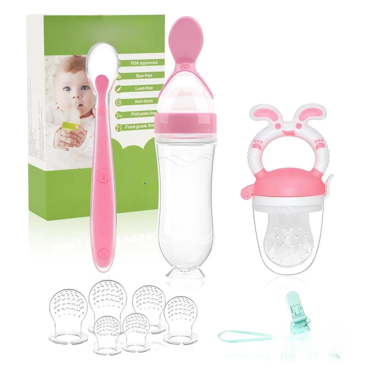 WAJIAYON Baby Fruit Feeder Pacifier - 6 Pack | 2 Baby Fruit Food Feeder Pacifier & 2 Baby Food Dispensing Spoon | Fresh Fruit Teethers for Babies | Silicone Feeder Baby,Mesh Baby Feeder (Pink-Rabbit)