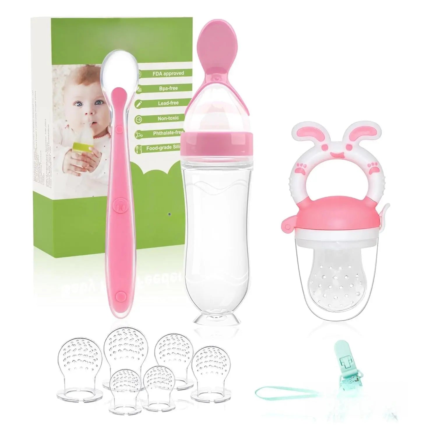 WAJIAYON Baby Fruit Feeder Pacifier - 6 Pack | 2 Baby Fruit Food Feeder Pacifier & 2 Baby Food Dispensing Spoon | Fresh Fruit Teethers for Babies | Silicone Feeder Baby,Mesh Baby Feeder (Pink-Rabbit)