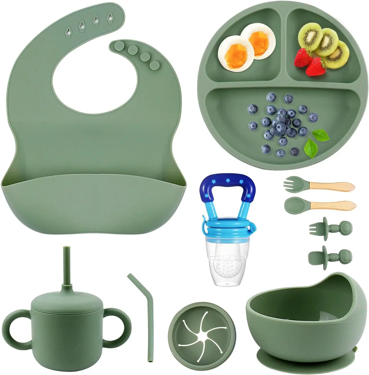 Silicone Baby Feeding Set, BPA Free Baby Feeding Essentials, Baby Suction Bowl, Plates, Bib, Spoons Set, Baby Led Weaning Supplies to Develop Self-Feeding Skills(Green, No Lid)