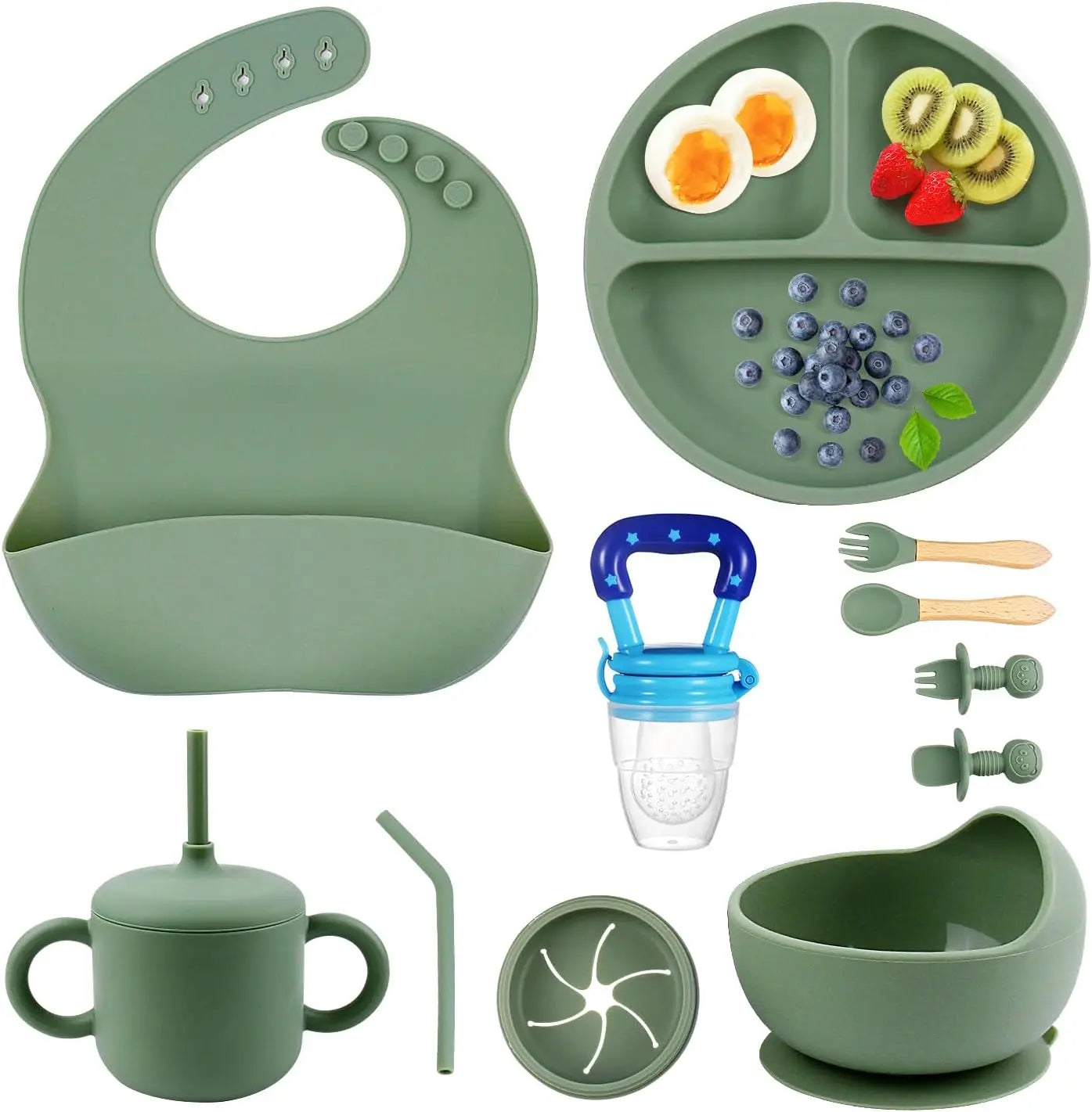 Silicone Baby Feeding Set, BPA Free Baby Feeding Essentials, Baby Suction Bowl, Plates, Bib, Spoons Set, Baby Led Weaning Supplies to Develop Self-Feeding Skills(Green, No Lid)