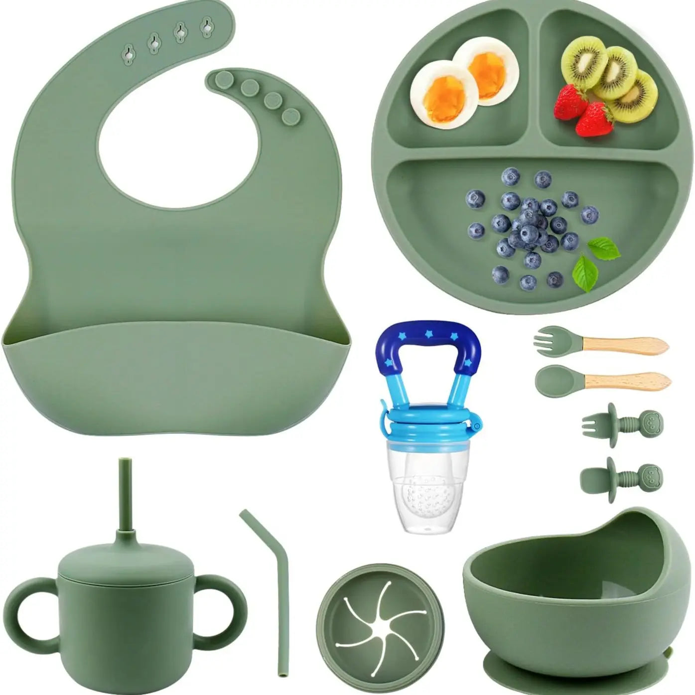 Silicone Baby Feeding Set, BPA Free Baby Feeding Essentials, Baby Suction Bowl, Plates, Bib, Spoons Set, Baby Led Weaning Supplies to Develop Self-Feeding Skills(Green, No Lid)