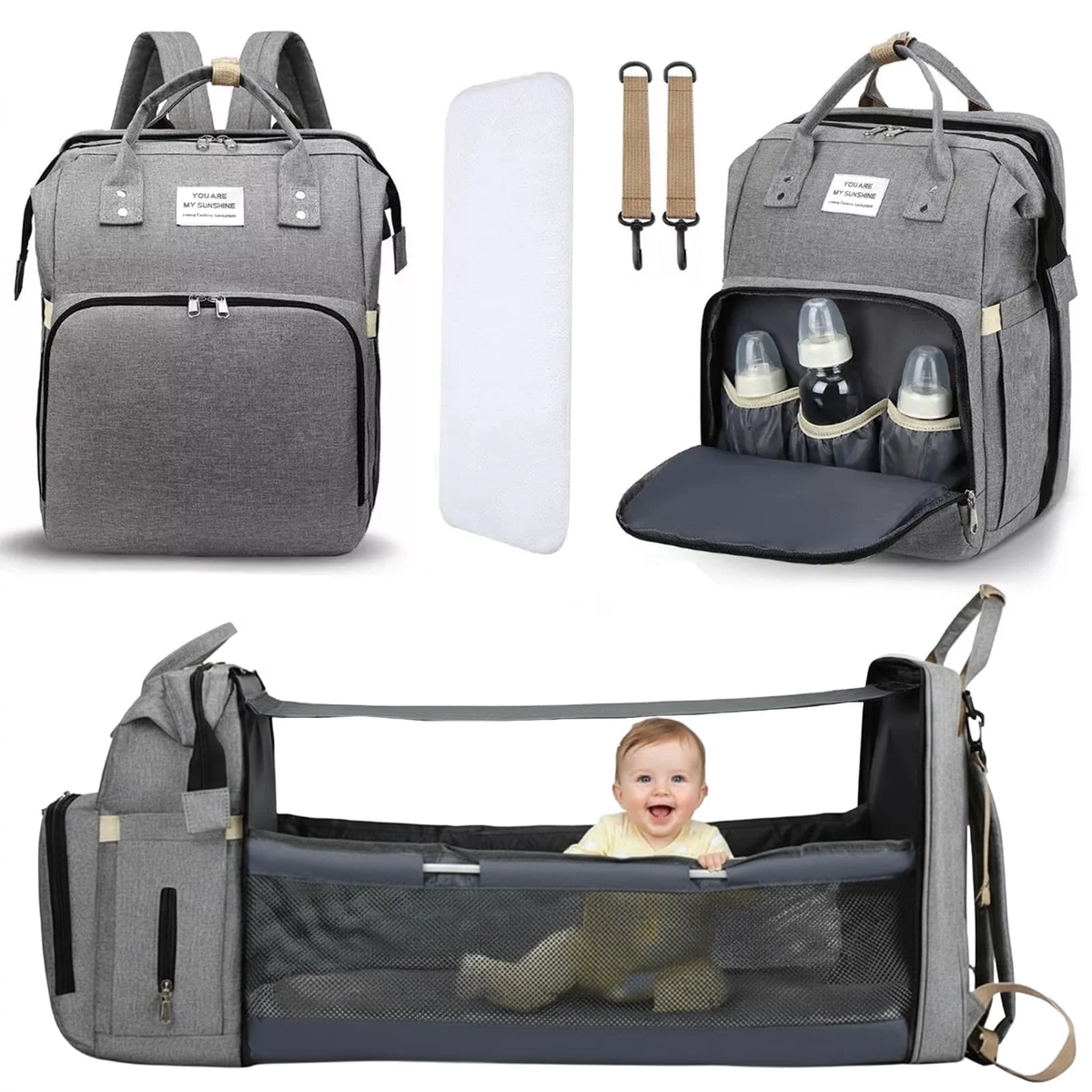 Diaper Bag Backpack, Large Waterproof Baby Bag for Mom with Changing Pad, USB Charging Port, Baby Shower Gifts, Gray