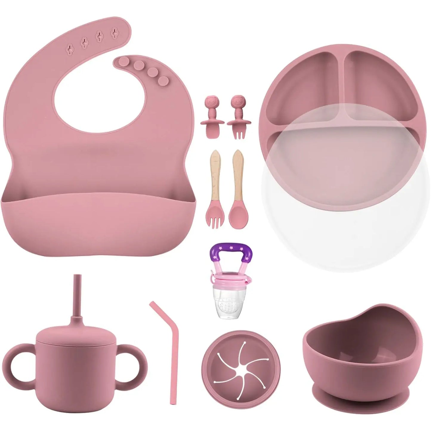Silicone Baby Feeding Set, BPA Free Baby Feeding Essentials, Baby Suction Bowl, Plates, Bib, Spoons Set, Baby Led Weaning Supplies to Develop Self-Feeding Skills(Green, No Lid)