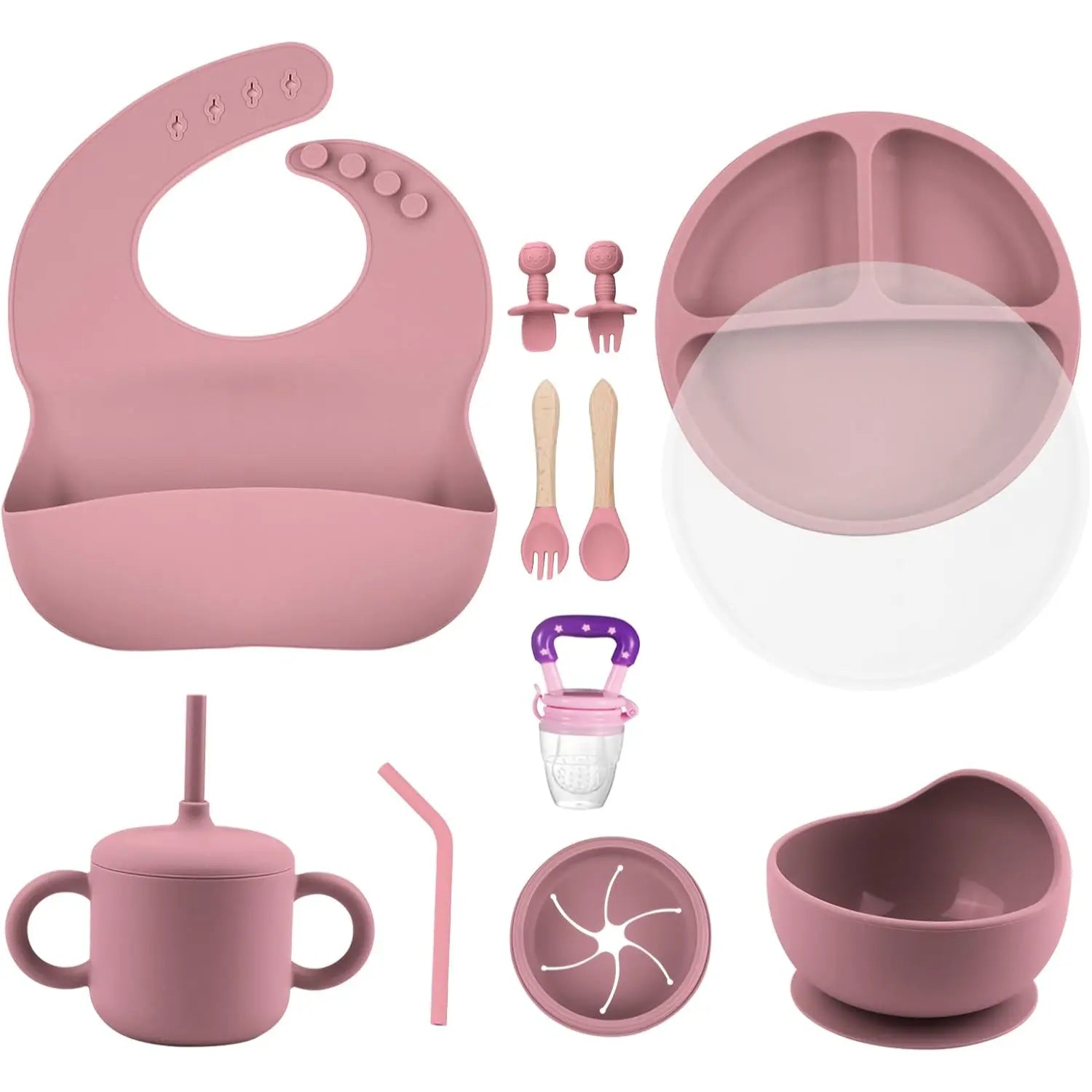 Silicone Baby Feeding Set, BPA Free Baby Feeding Essentials, Baby Suction Bowl, Plates, Bib, Spoons Set, Baby Led Weaning Supplies to Develop Self-Feeding Skills(Green, No Lid)